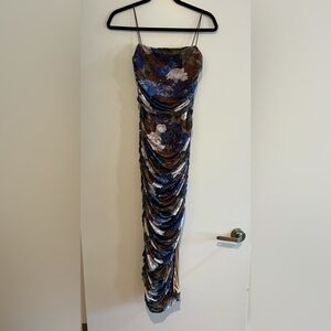 Vici Floral Ruched Slip Dress in Blue, Brown, Cream